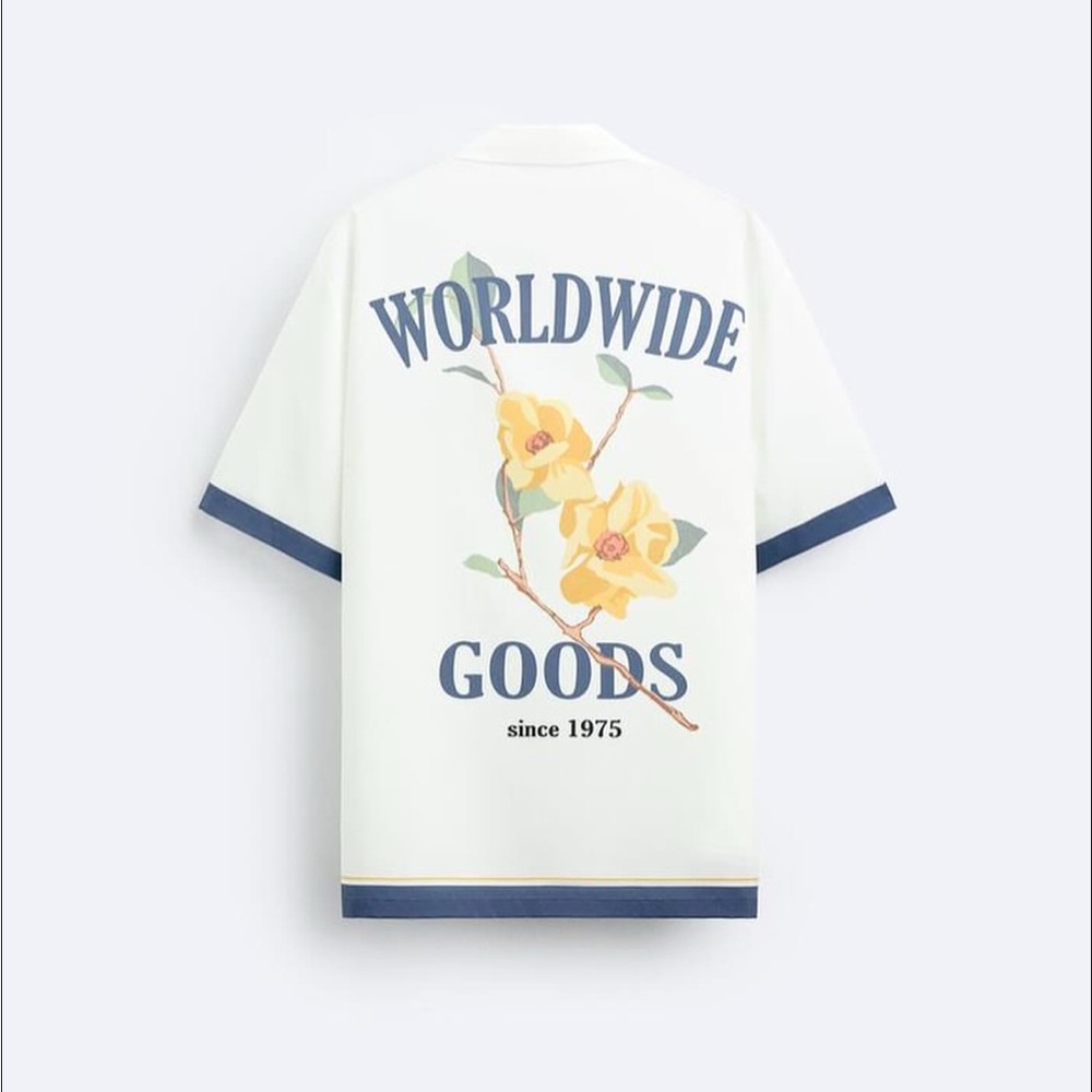 ZARA World Wide Goods White and Blue Button-Up Short Sleeve Shirt - Picture 5 of 5